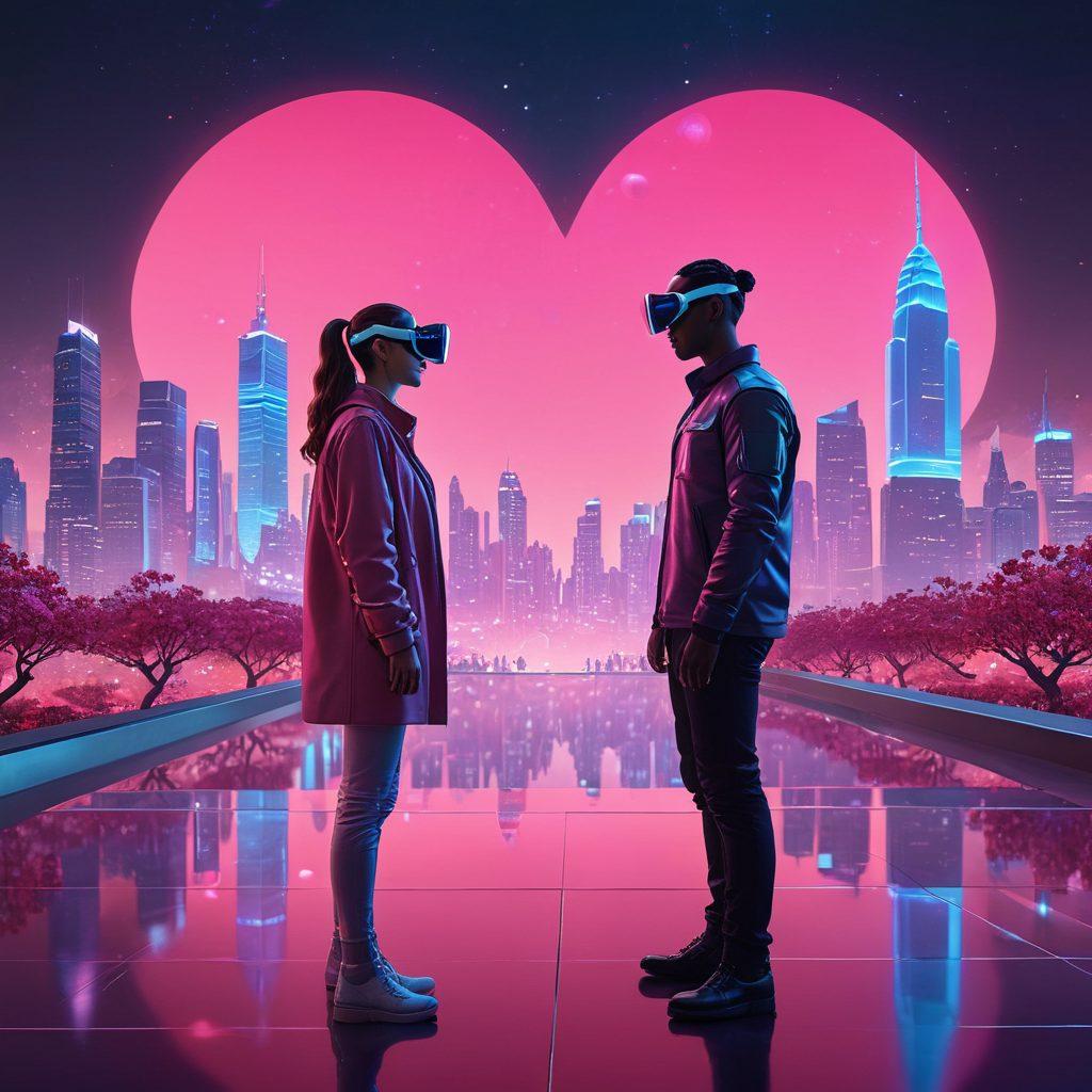 A futuristic digital landscape showcasing a diverse couple interacting through a holographic interface, surrounded by glowing heart symbols and virtual elements symbolizing love and connection. Soft and warm color palette with elements of technology, like virtual reality glasses and AI companions assisting them in their romantic journey. The background features an abstract city skyline infused with soft pink and blue hues. super-realistic. vibrant colors. cyberpunk.