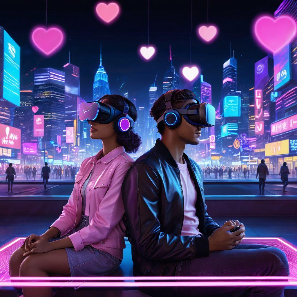 A futuristic couple engaging in a virtual date through holographic interfaces, surrounded by digital hearts and glowing emojis symbolizing love. The background showcases a vibrant city illuminated by neon lights, with floating chat bubbles representing online interactions. The foreground features a blend of technology and romance, incorporating elements like VR headsets and whimsical love icons. super-realistic. vibrant colors. cyberpunk.