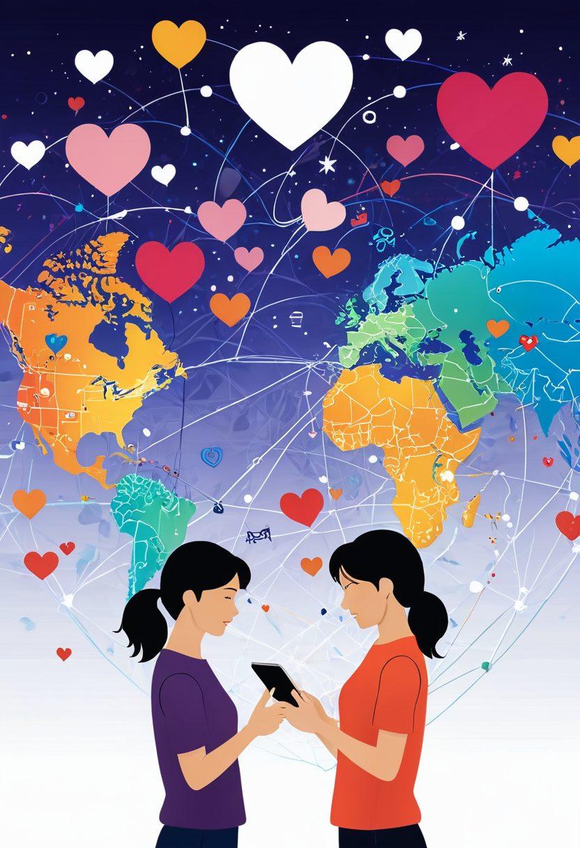 A whimsical digital illustration of two people connecting through their devices, surrounded by floating hearts and various digital icons representing love and communication. The background features a world map with glowing lines connecting different cities, symbolizing web-based relationships. Bright, vibrant colors with a playful design conveying a sense of joy and discovery. vector art. vibrant colors. white background.
